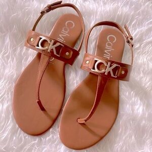 Brand New Calvin Klein Cognac Ankle Strap Thong Sandals Gold Tone Metal Logo